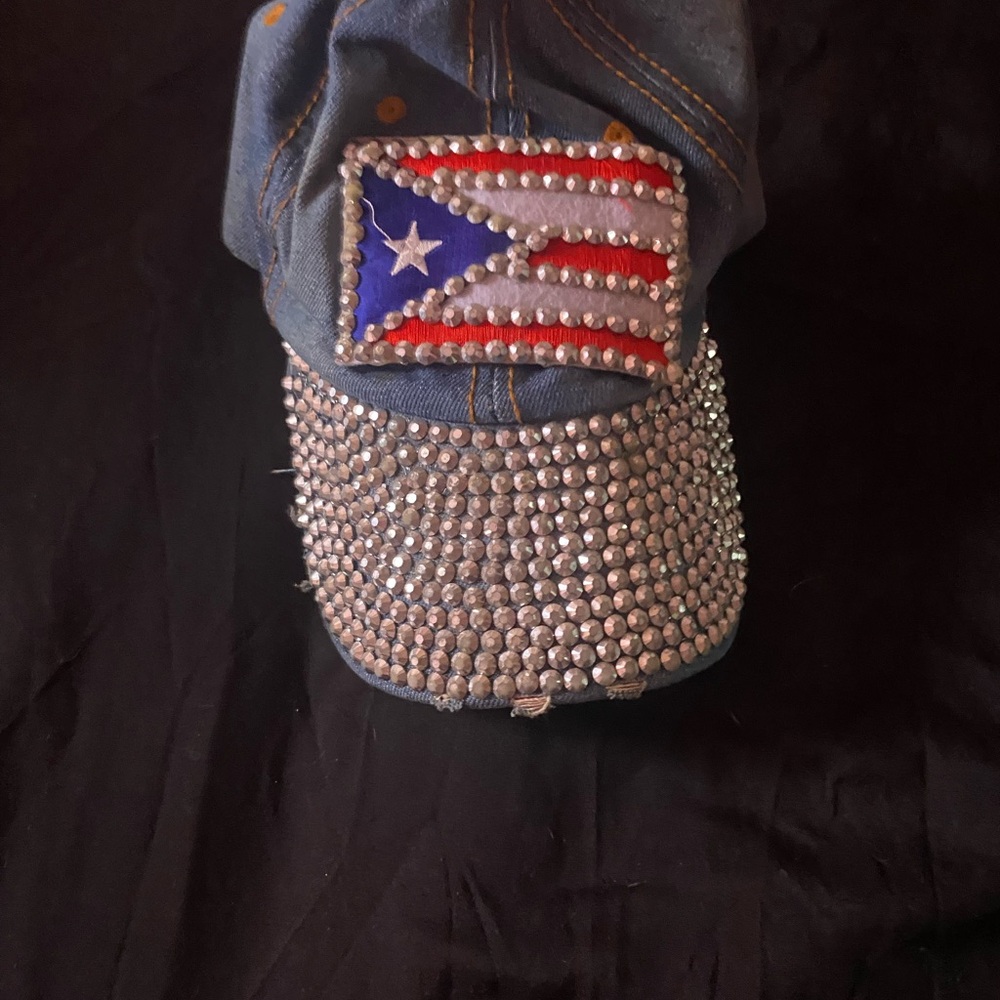 Rhinestone Embellished Denim Cap with Puerto Rico Flag